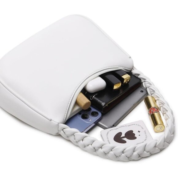 Women Braid White Imported Polyester Pu Leather Zipper Closure Mini Tote Handbag - Picture 4 of 7